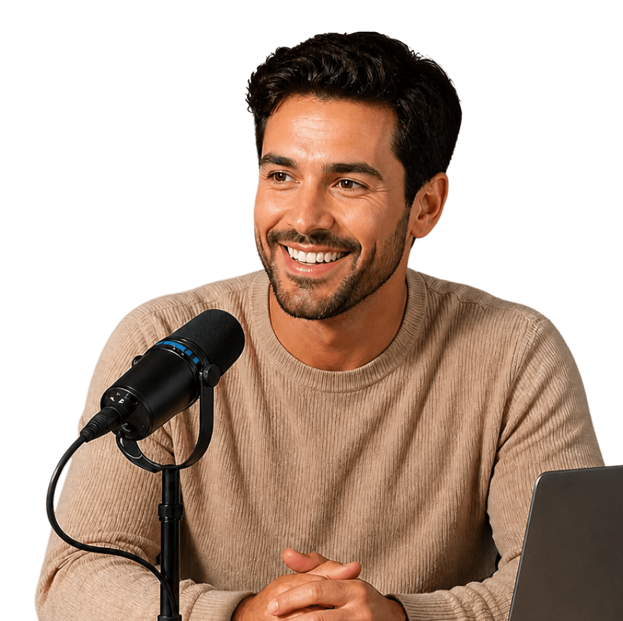 Bedford Studio member at a podcast microphone
