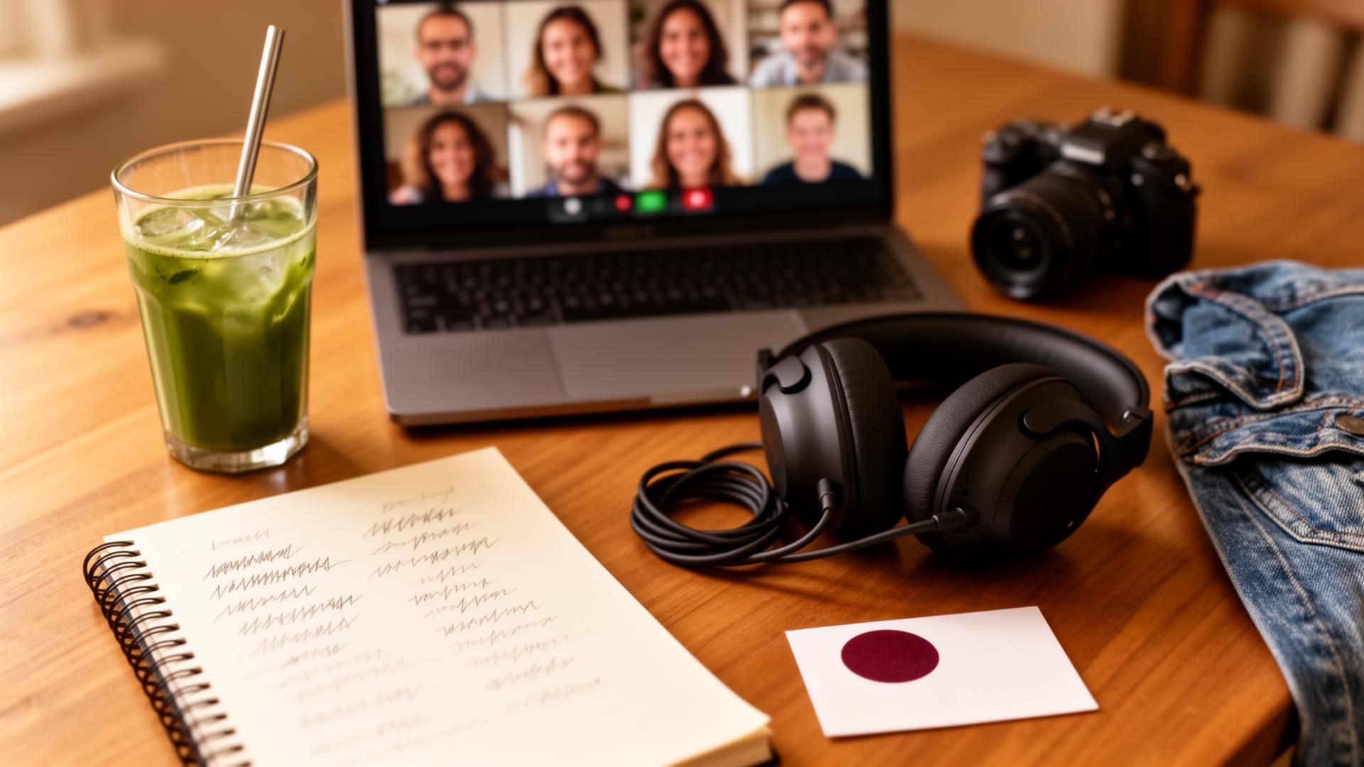 A professional's desk: open laptop on a cohort video call with small tiles of peers, an open notebook with soft ink notes, a highlighted transcript, coffee, and earbuds.
